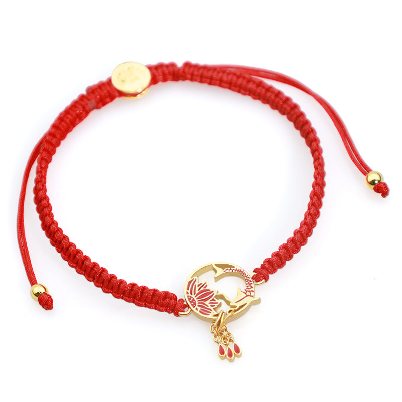 Braccialetto portafortuna rosso con corda, fatto a mano in Buddha Stones, tibetano, con pesce di loto e carpa koi