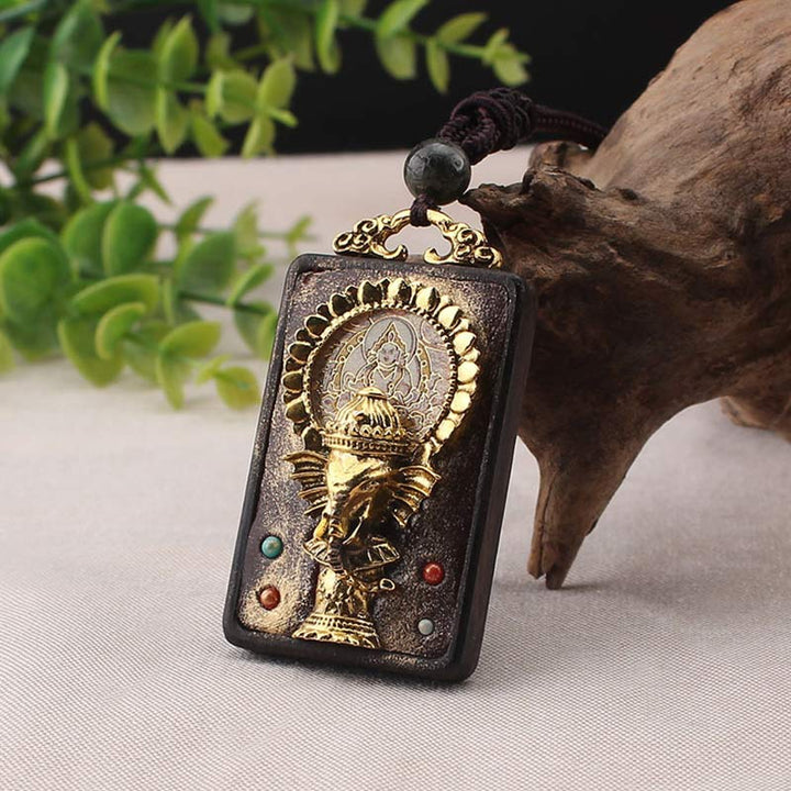 Collana con ciondolo a forma di corda con elefante in legno di ebano e dio della fortuna del Buddha - image 11