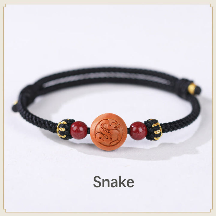 Braccialetto della ricchezza in cinabro intagliato con carattere dello zodiaco cinese Fu in legno di pesca naturale Buddha Stones - Serpente nero (circonferenza del polso 14-18 cm) - image 18