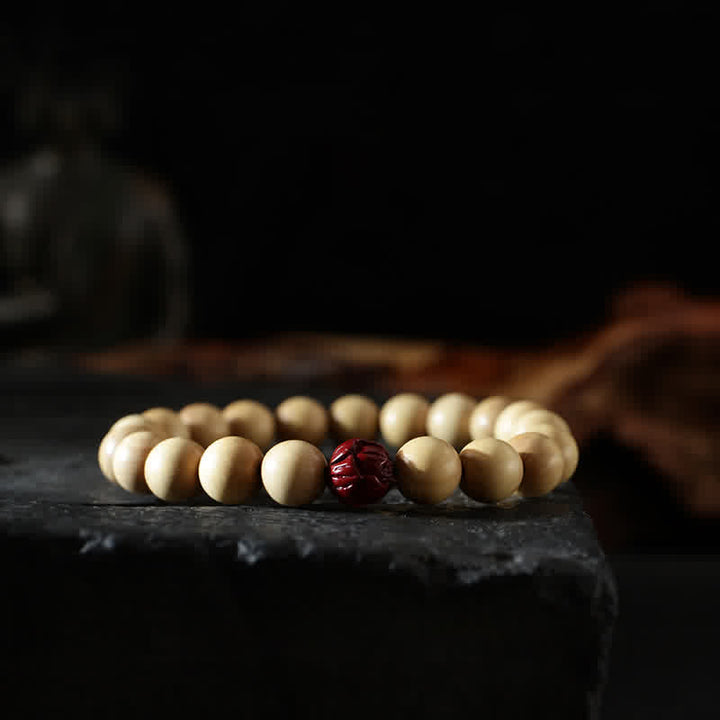 Bracciale di ricchezza e fortuna di legno di pesca del Tibet, loto, cinabro, Bagua Yin Yang