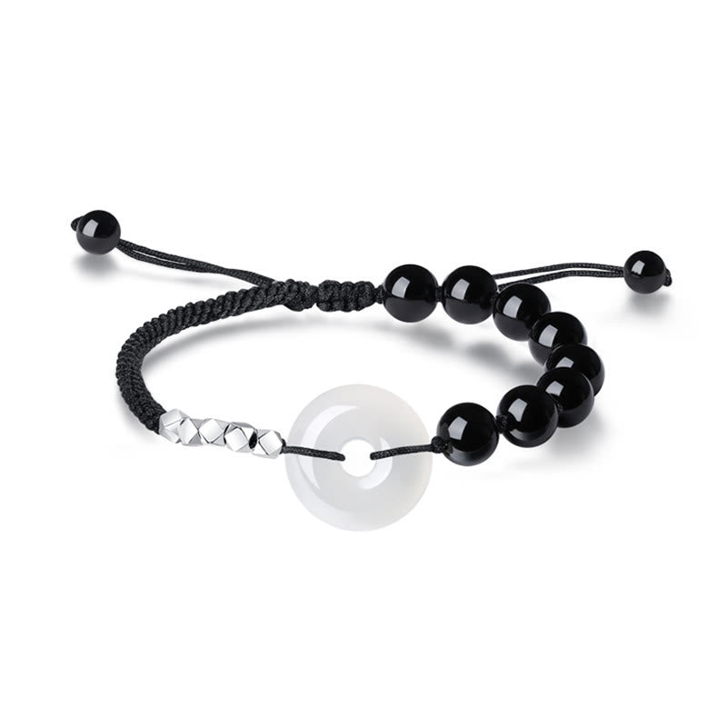 Bracciale Buddha Stones 925 Sterling Silver Ossidiana Nera Agata Fibbia della Pace Forza