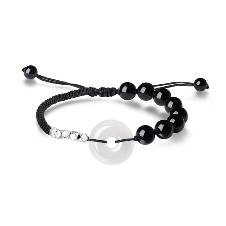 Bracciale Buddha Stones 925 Sterling Silver Ossidiana Nera Agata Fibbia della Pace Forza