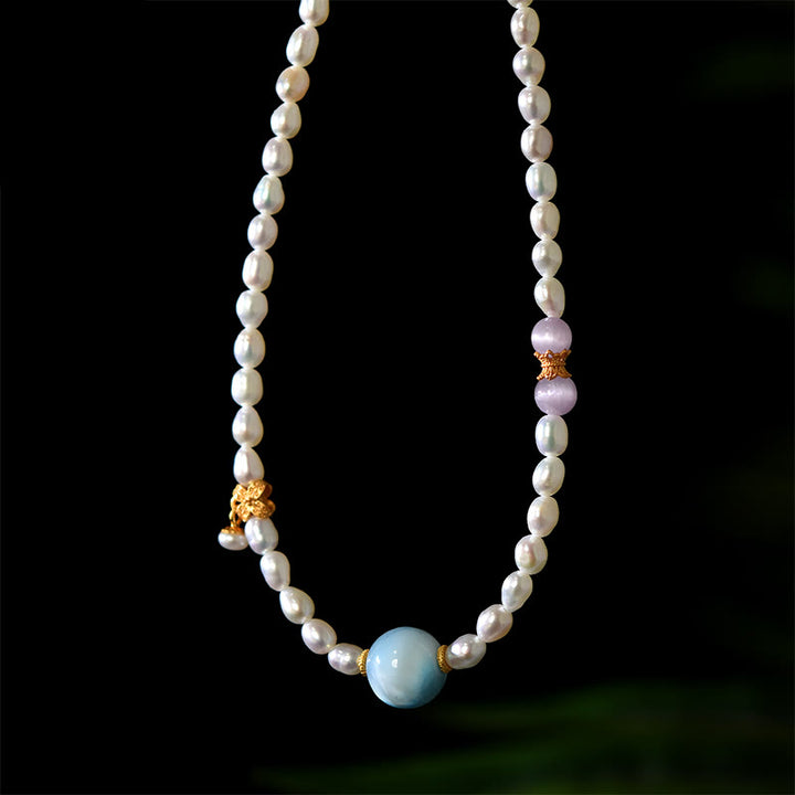 Collana con ciondolo in argento sterling 925 con perle naturali e larimar, motivo: Buddha Stones - image 3