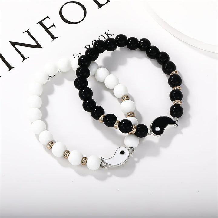 Buddha Stones 2 pezzi Braccialetto di coppia di protezione Yin Yang con perline di turchese bianco e onice nero