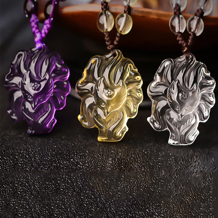 Collana con ciondolo portafortuna a forma di volpe a nove code, in cristallo bianco, ametista naturale, citrino e Buddha Stones