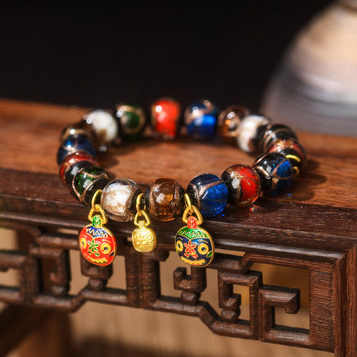Buddha Stones Cinque Elementi Oro Bestia che deglutisce Fascino Famiglia Braccialetto Portafortuna con Perline di Vetro Liuli - Liuli Glass Bead&Medium Rosso Blu Oro Famiglia di bestie inghiottitrici - 14 mm (15 perline) - image 3
