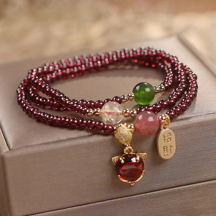 Buddha Stones Granato naturale Cristallo di quarzo fragola Volpe Koi Pesce Pace Fibbia Fortuna Protezione Braccialetto a triplo giro