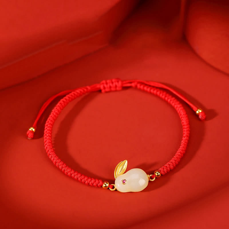 Braccialetto di protezione con corda rossa e giada bianca Hetian dell'anno del coniglio in argento sterling 925 Buddha Stones - Giada bianca Hetian (Protezione ♥ Felicità) (Circonferenza polso 14-20 cm) - image 0