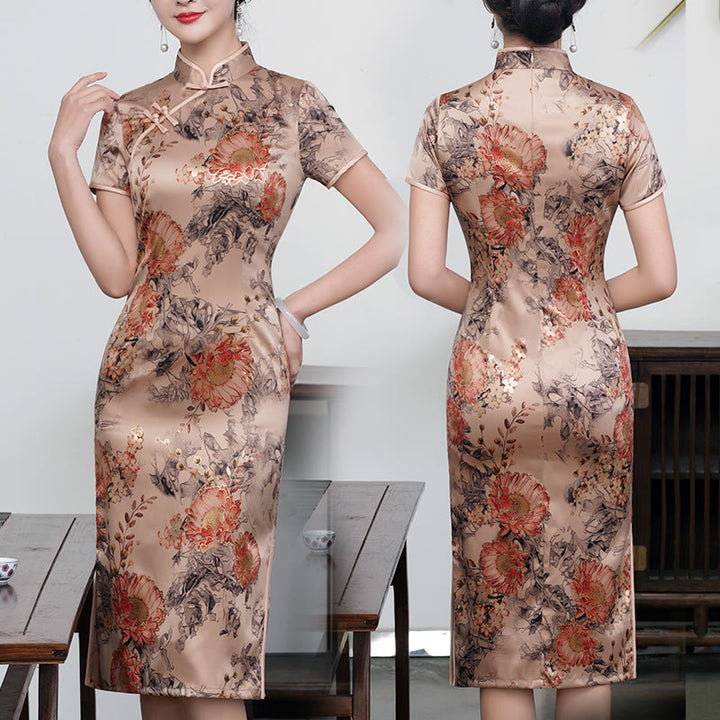 Abito da donna in cheongsam con stampa di piume di peonia e fiori di loto retrò Buddha Stones - Fiore di champagne scuro - US16, UK/AU20, EU48 (5XL) - image 12