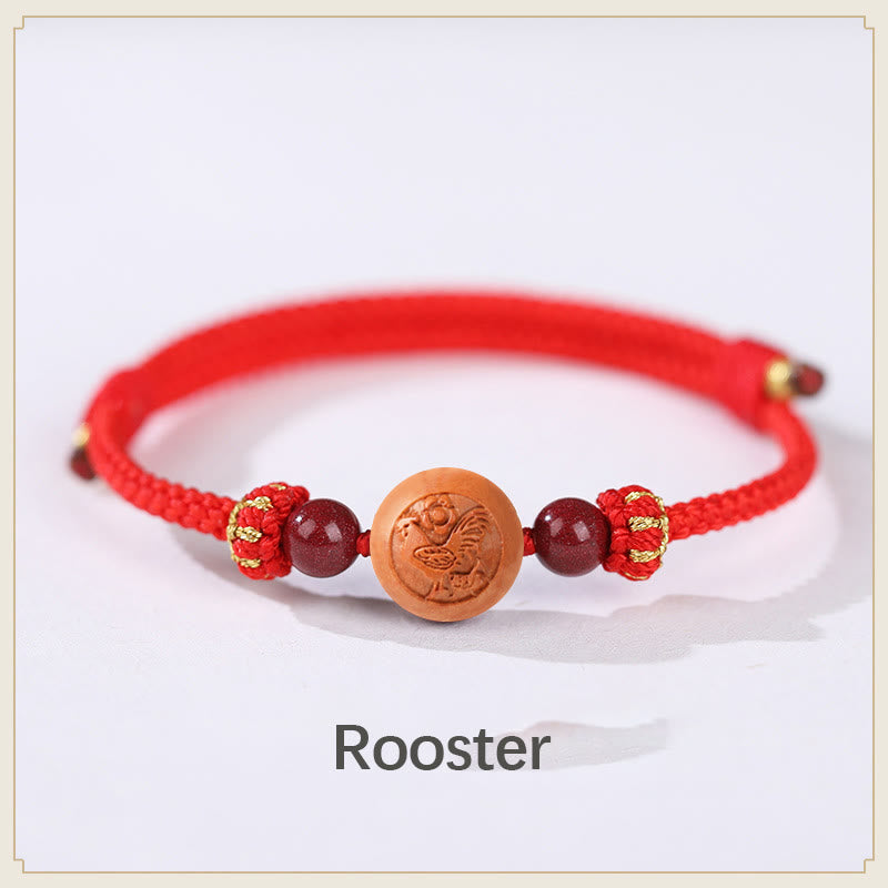 Braccialetto della ricchezza in cinabro intagliato con carattere dello zodiaco cinese Fu in legno di pesca naturale Buddha Stones - Gallo rosso (circonferenza del polso 14-18 cm) - image 8