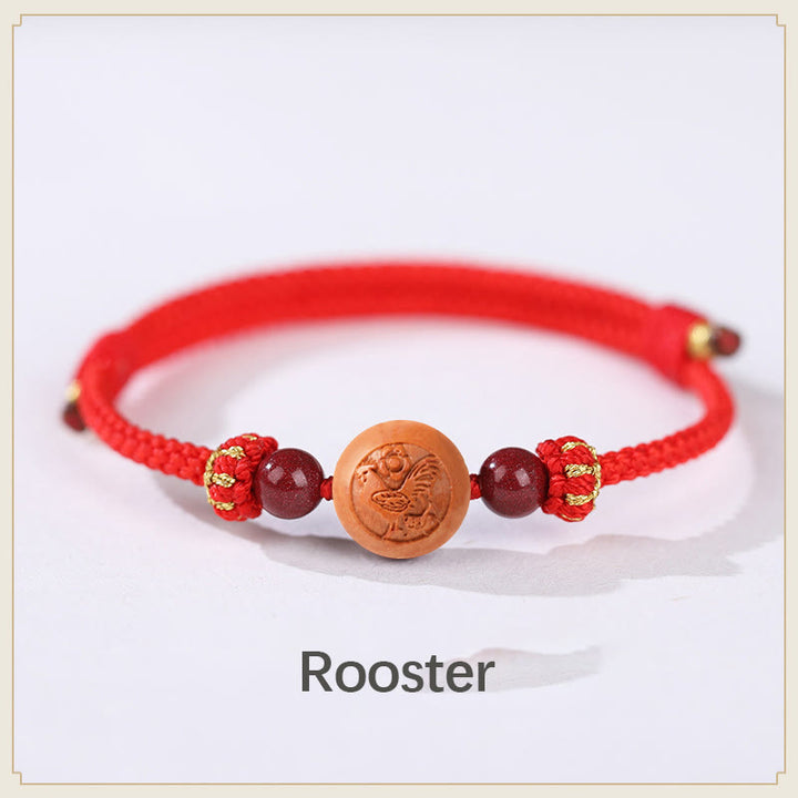 Braccialetto della ricchezza in cinabro intagliato con carattere dello zodiaco cinese Fu in legno di pesca naturale Buddha Stones - Gallo rosso (circonferenza del polso 14-18 cm) - image 8