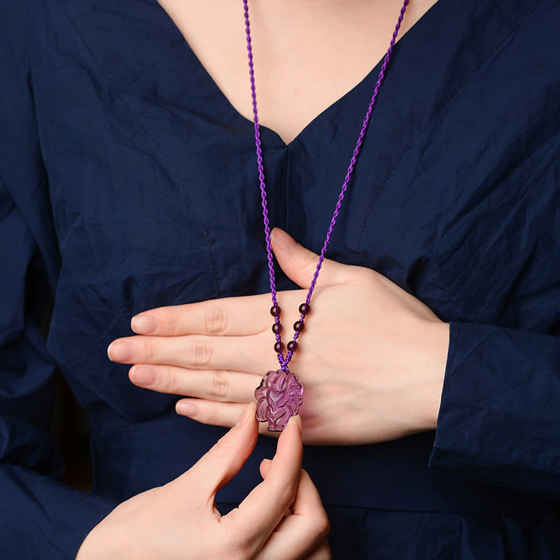 Collana con ciondolo portafortuna a forma di volpe a nove code, in cristallo bianco, ametista naturale, citrino e Buddha Stones