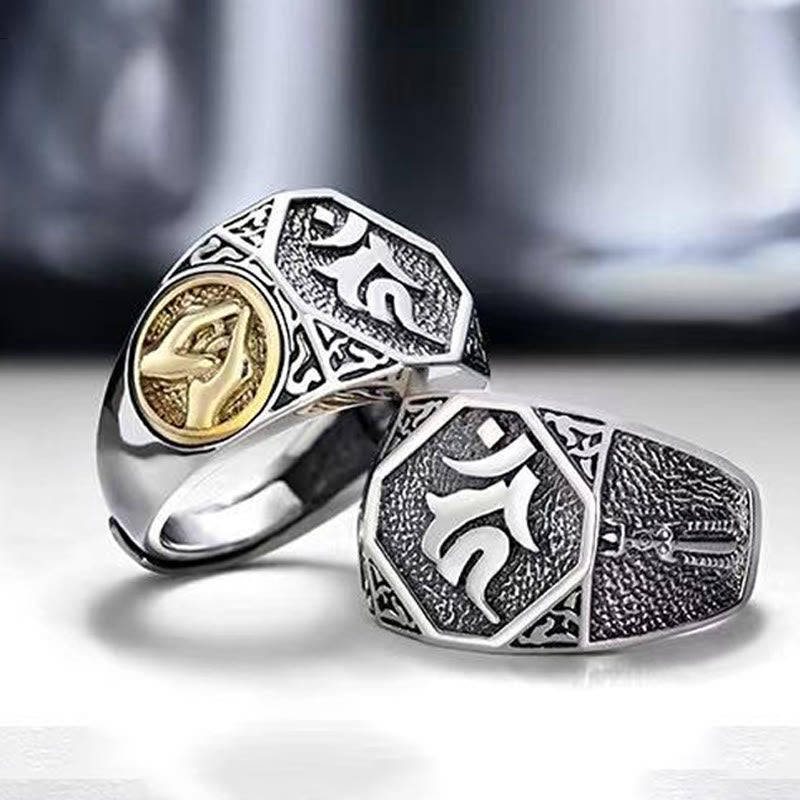 Anello regolabile con protezione intagliata in argento sterling 925 con design sanscrito Buddha Stones - image 13