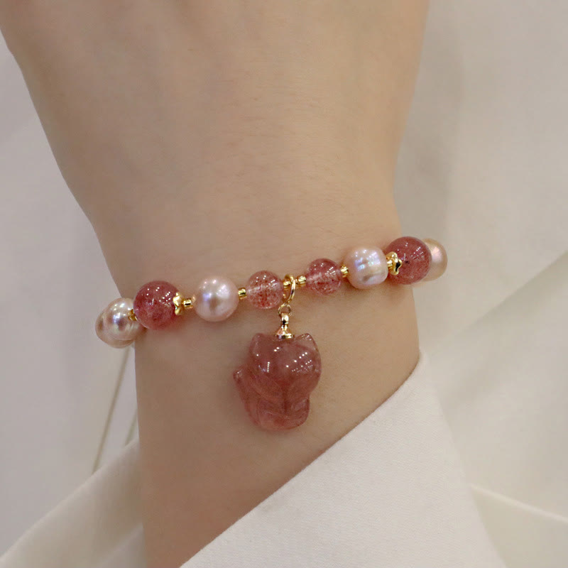 Braccialetto con ciondolo guarigione amore volpe carina perla naturale quarzo fragola Buddha Stones