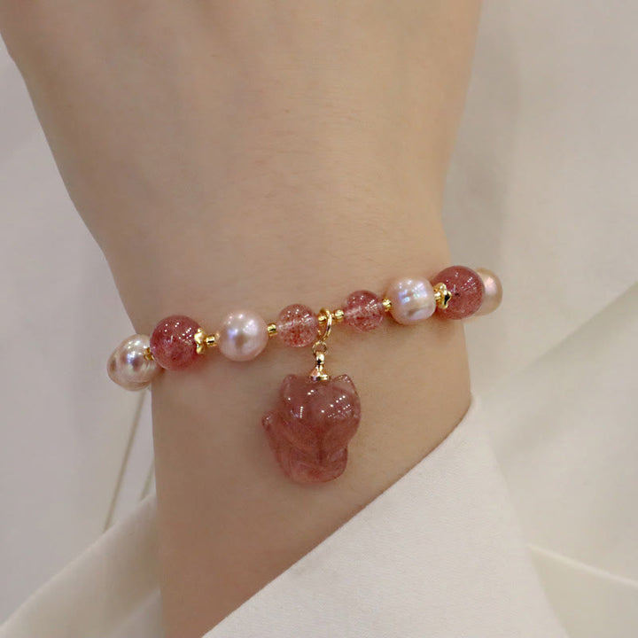 Braccialetto con ciondolo guarigione amore volpe carina perla naturale quarzo fragola Buddha Stones