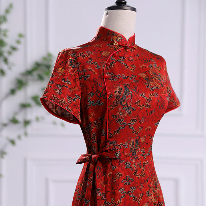 Abito da donna in cheongsam con stampa di foglie e nuvole di buon Buddha Stones vintage, abito da donna in qipao - image 3