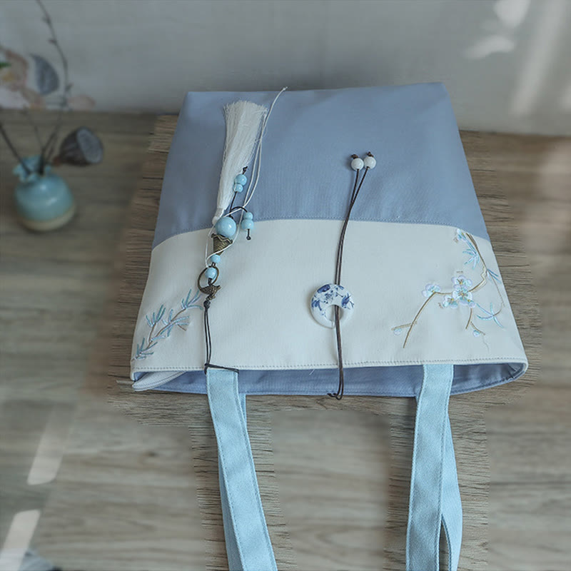 Borsa a tracolla grande capacità in tela con ricamo in bambù, prugna, fiore di pera, pesco - image 20