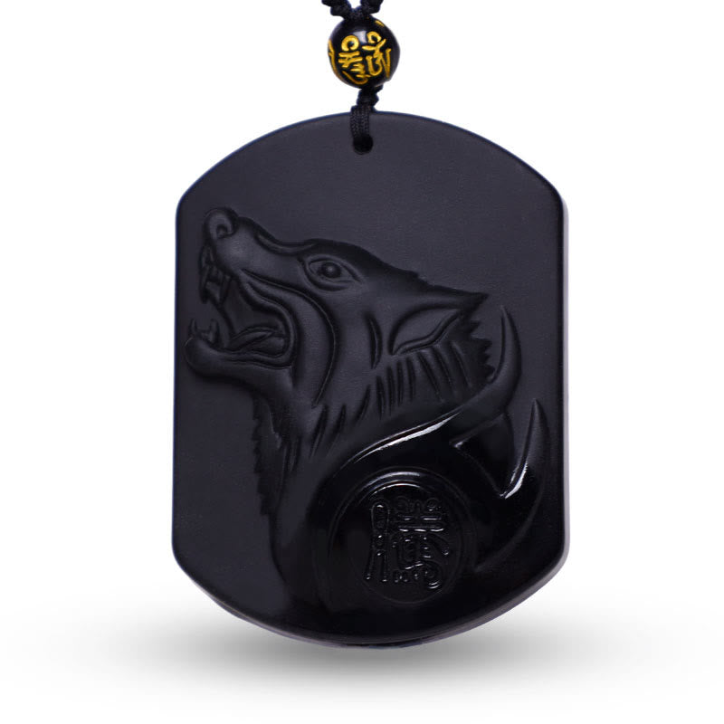 Collana con ciondolo di purificazione del lupo in pietra di ossidiana nera Buddha Stones
