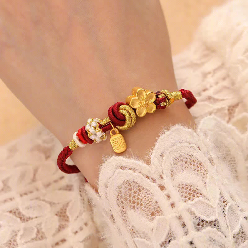 Braccialetto con corda rossa Buddha Stones, ciondolo felicità, fiori di pesco