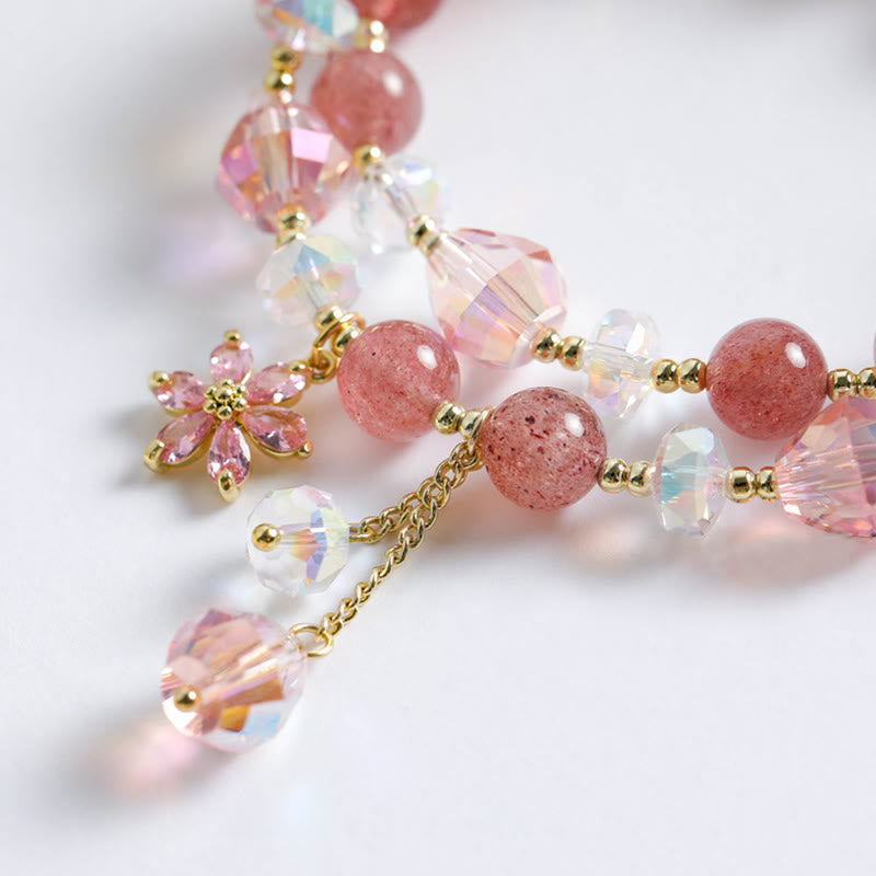 Braccialetto a doppio giro con fiore di zircone e quarzo fragola Buddha Stones
