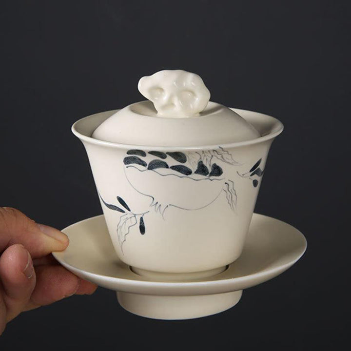 Buddha Stones dipinto a mano melograno ibisco pino loto ceramica gaiwan sancai tazza da tè kung fu tazza da tè e piattino con coperchio