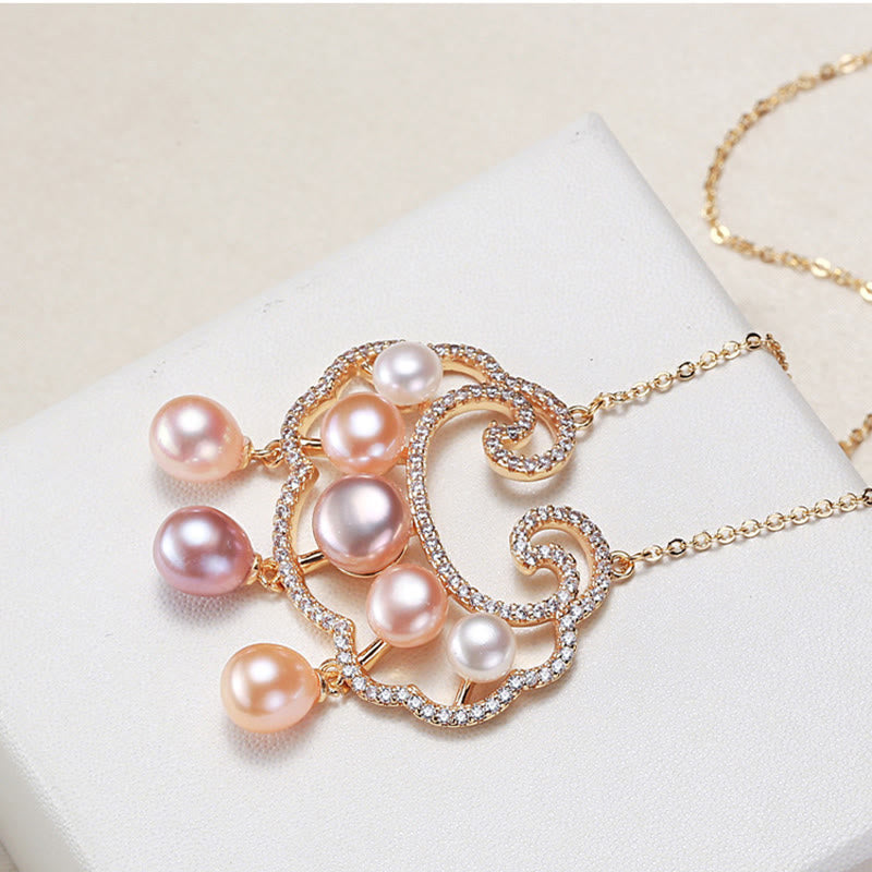 Collana con ciondolo con lucchetto cinese in perle naturali placcate in oro 18 carati, motivo : Buddha Stones