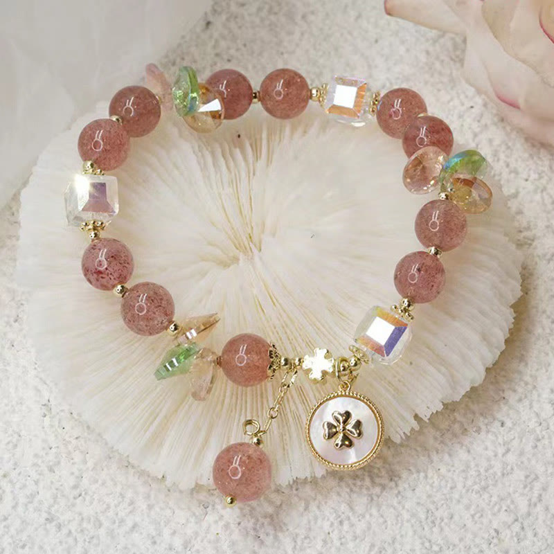 Braccialetto portafortuna con ciondolo curativo a forma di quadrifoglio fortunato in quarzo fragola Buddha Stones