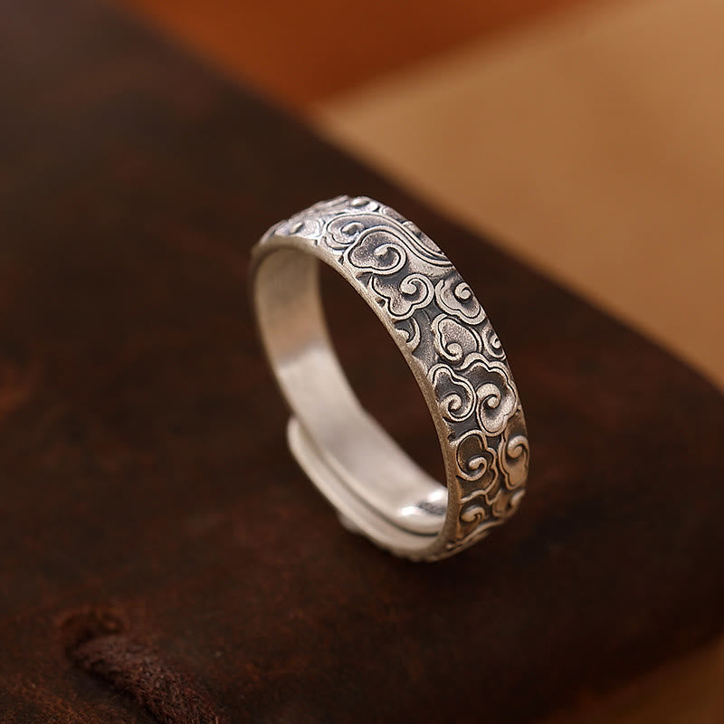 Anello di illuminazione inciso con Buddha Stones in argento sterling 999, fiore di loto, fiore di prugna, nuvole di buon auspicio - Nuvole di buon auspicio - image 7