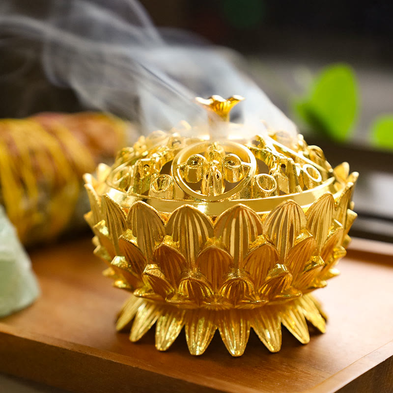 Buddha Stones Bruciatore di incenso purificante a forma di loto tibetano - Oro - image 8