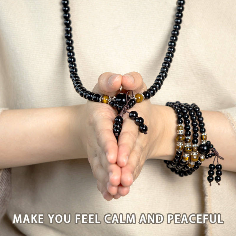 Buddha Stones Bracciale Mala con 108 perle in ossidiana nera naturale e occhio di tigre - image 4