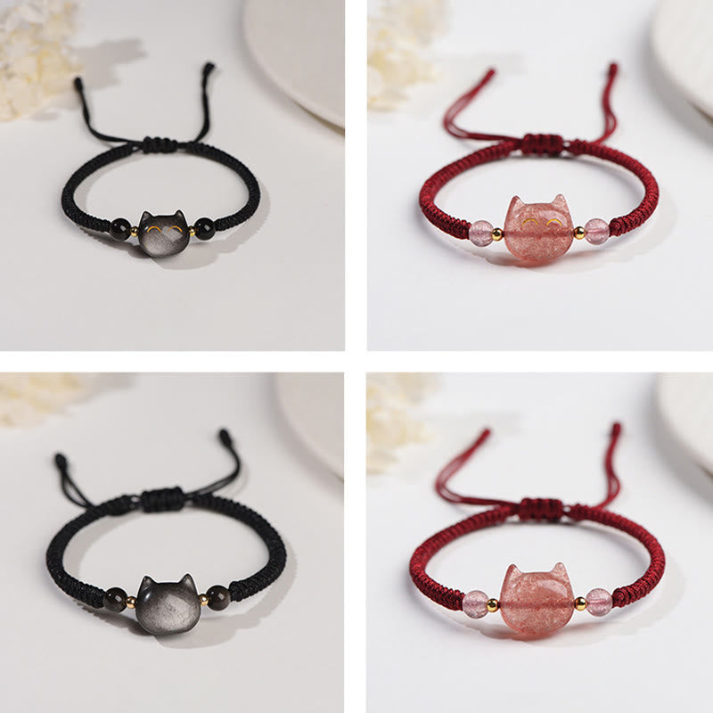 Braccialetto intrecciato con protezione per gatti carino, in ossidiana lucida d'argento naturale fatto a mano, al quarzo fragola, Buddha Stones - image 14