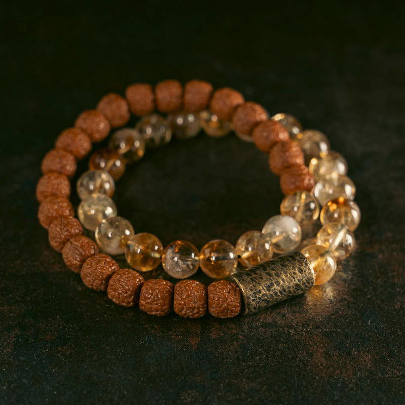 Braccialetto Buddha Stones Natural Citrine Crystal Rudraksha Bodhi Seed Brass Bead Prosperity Double Wrap
