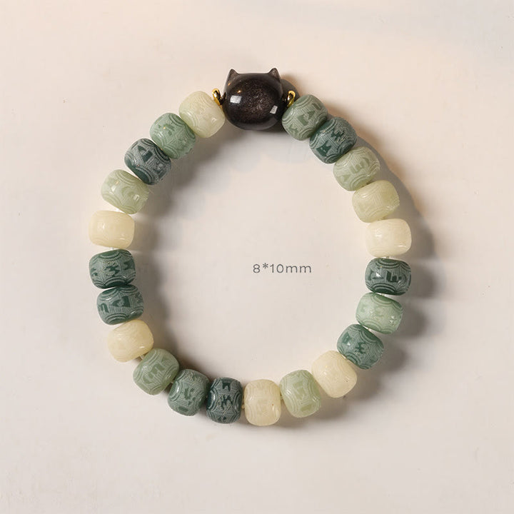 Buddha Stones Semi di Bodhi Argento Lucentezza Ossidiana Testa di Gatto Om Mani Padme Hum Braccialetto Armonia Inciso - image 11