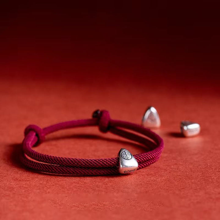 Bracciale intrecciato fatto a mano con carattere Fu in argento sterling 925 Buddha Stones - Rosso scuro - image 0