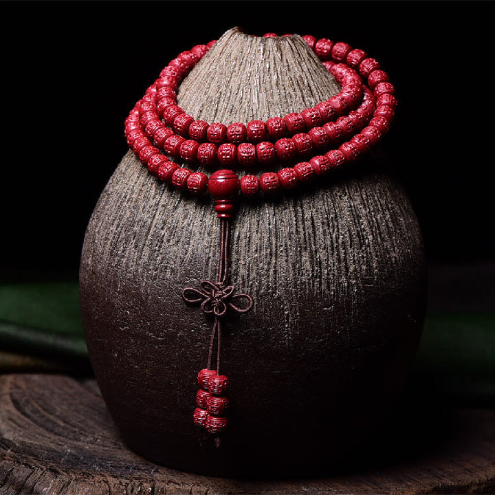 Buddha Stones 108 Mala Beads Cinnabar Om Mani Padme Hum Pattern Braccialetto di benedizione inciso