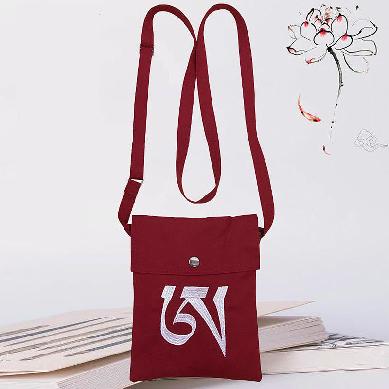 Borsa a tracolla in cotone ricamata a mano con mantra OM e pratica spirituale della mente, borsa a tracolla per cellulare - Borsa a tracolla per pratica spirituale Mantra rosso scuro - image 2