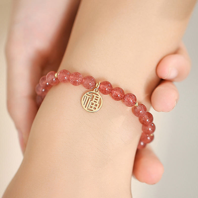 Braccialetto con ciondolo curativo in quarzo fragola placcato oro 14K Buddha Stones Fu
