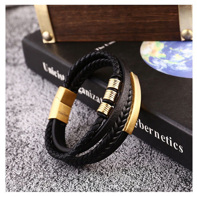 Bracciale con fibbia magnetica intrecciata in acciaio al titanio multistrato in pelle Buddha Stones