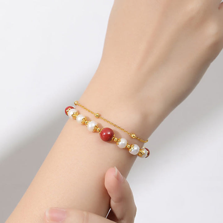 Bracciale a catena a doppio strato con perle di cinabro e argento sterling 925 Buddha Stones - image 6