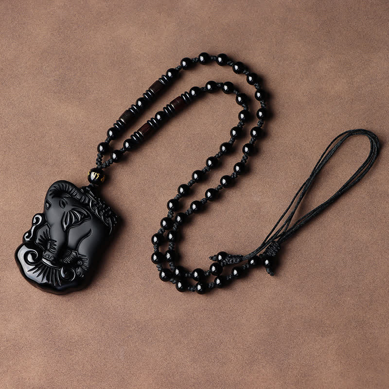 Collana con ciondolo portachiavi in corda di protezione per elefante in ossidiana nera
