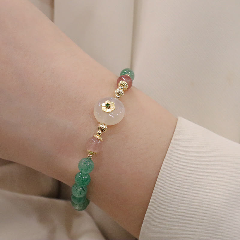 Braccialetto della gratitudine con fiore di calcedonio e quarzo fragola verde naturale Buddha Stones