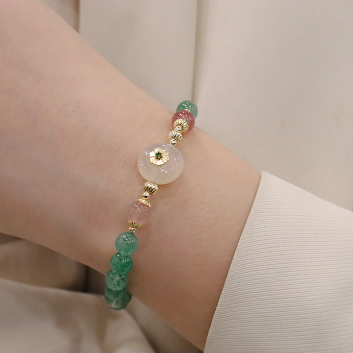 Braccialetto della gratitudine con fiore di calcedonio e quarzo fragola verde naturale Buddha Stones