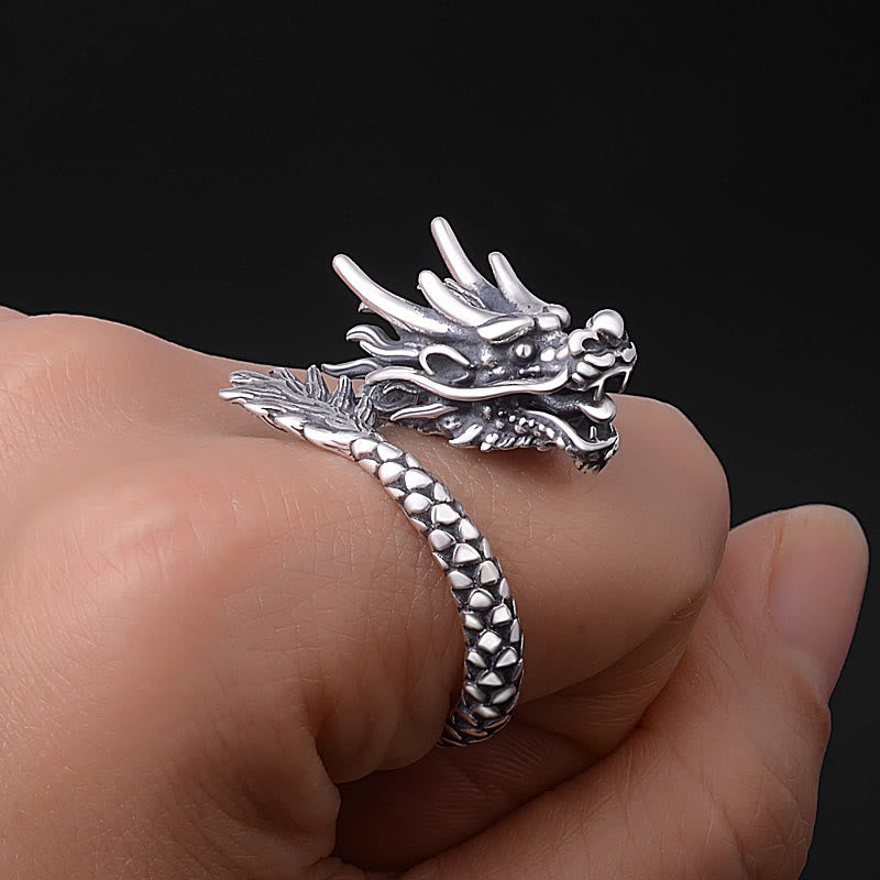 Anello regolabile Buddha Stones 990 Sterling Silver Vintage Dragon Design Luck Protection Strength - image 5