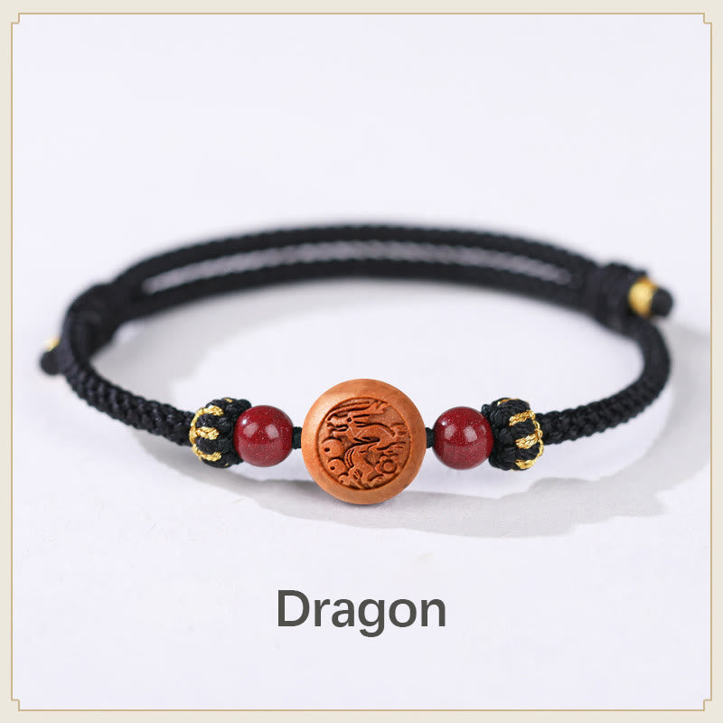 Braccialetto della ricchezza in cinabro intagliato con carattere dello zodiaco cinese Fu in legno di pesca naturale Buddha Stones - Drago nero (circonferenza del polso 14-18 cm) - image 17