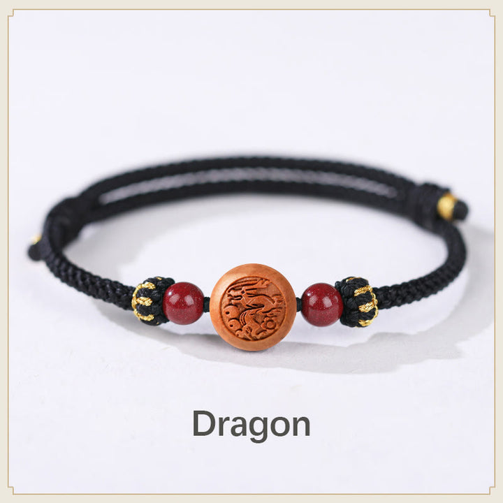 Braccialetto della ricchezza in cinabro intagliato con carattere dello zodiaco cinese Fu in legno di pesca naturale Buddha Stones - Drago nero (circonferenza del polso 14-18 cm) - image 17