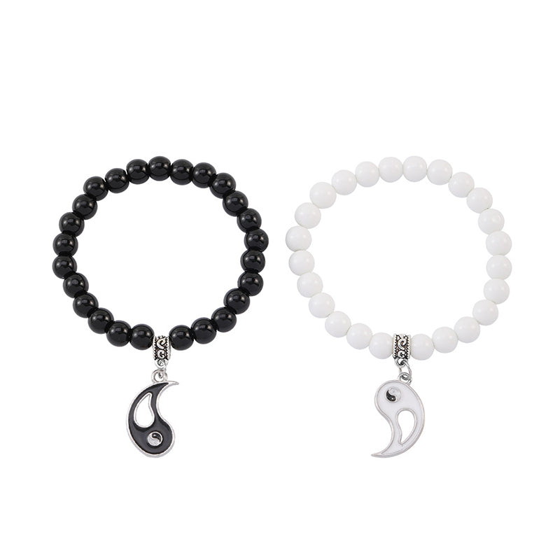 Buddha Stones 2 pezzi Braccialetto di coppia di protezione Yin Yang con perline di turchese bianco e onice nero