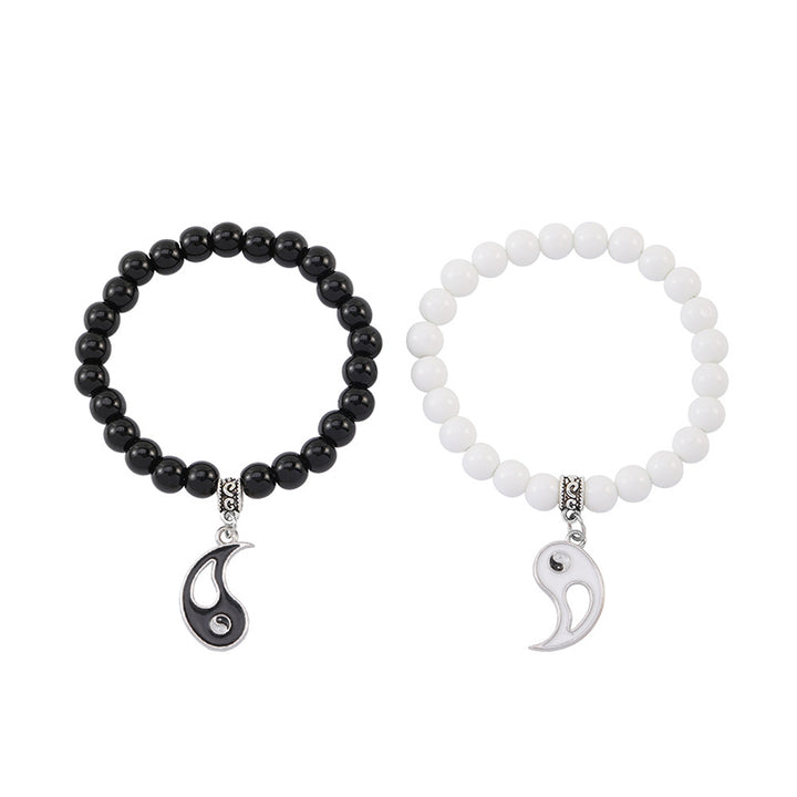 Buddha Stones 2 pezzi Braccialetto di coppia di protezione Yin Yang con perline di turchese bianco e onice nero