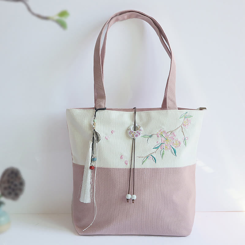 Borsa a tracolla grande capacità in tela con ricamo in bambù, prugna, fiore di pera, pesco - image 32