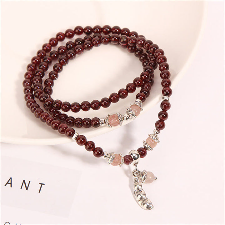 Braccialetto triplo giro con protezione PiXiu , Buddha Stones, granato naturale, quarzo fragola, fagiolini verdi