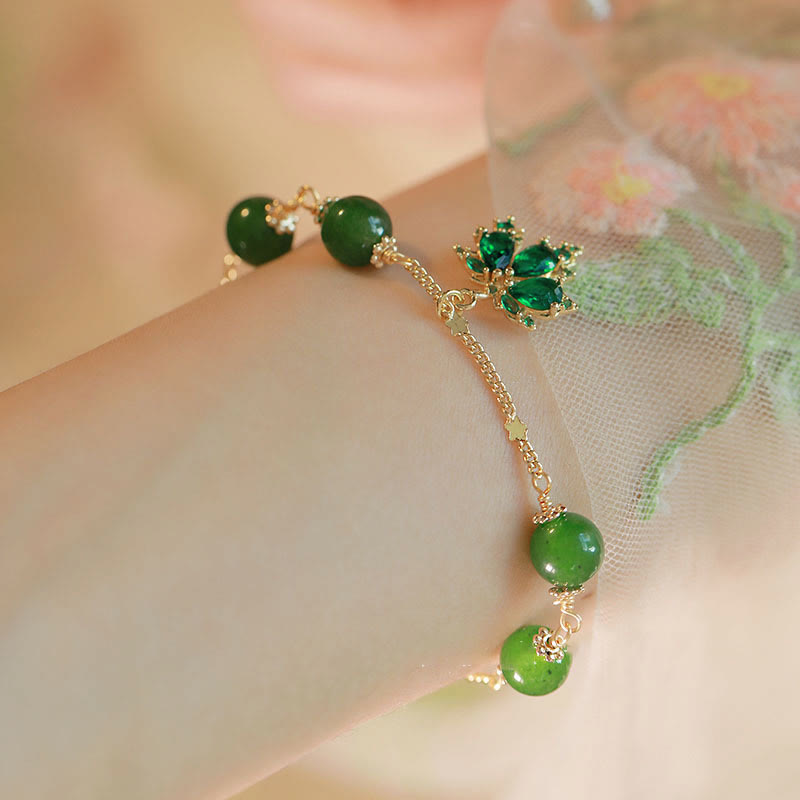 Bracciale Buddha Stones placcato oro 14k calcedonio verde foglia d'acero coraggio forza